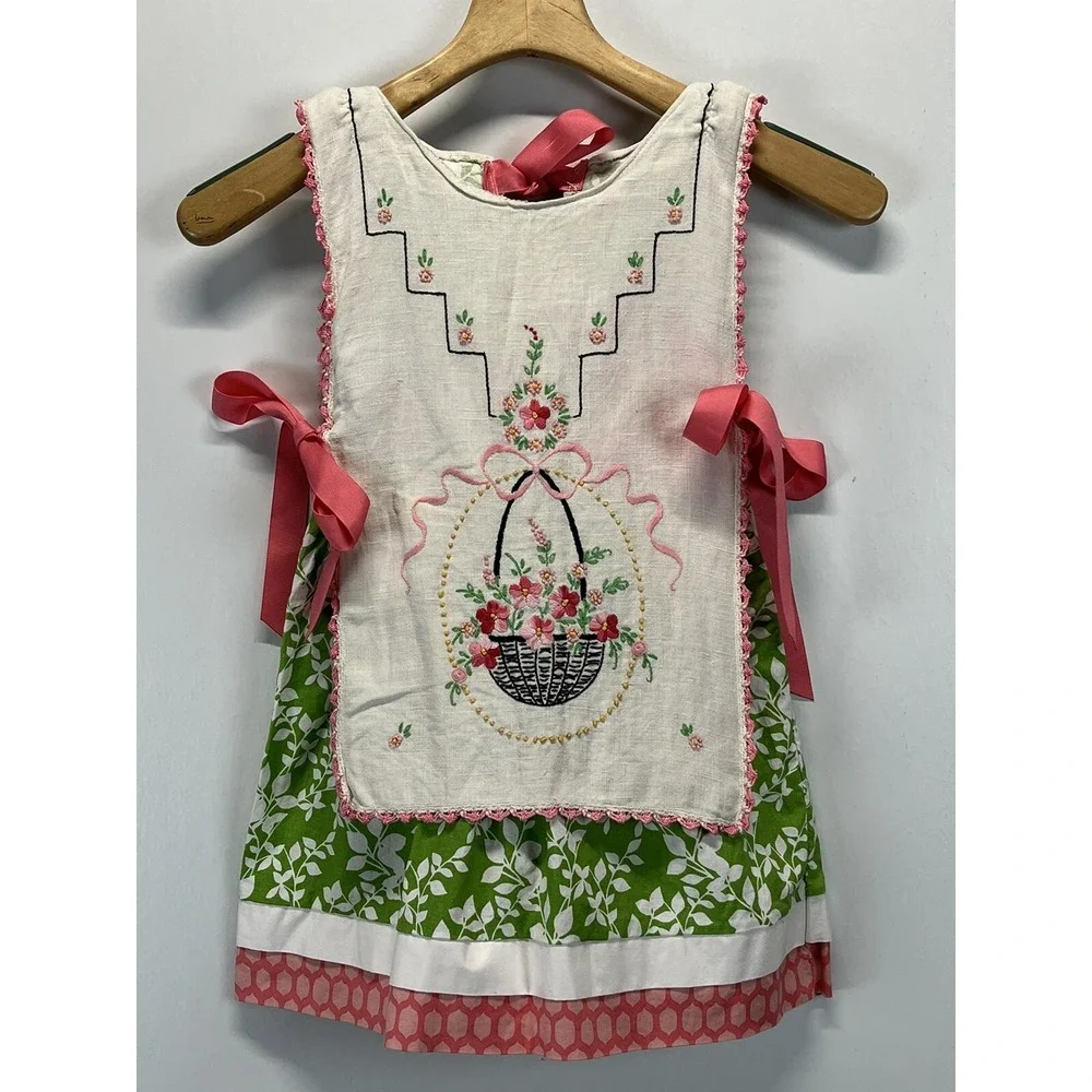 Handmade Girls Dress From Vintage Embroidered Tea Towel GUC Cottage Core Apron